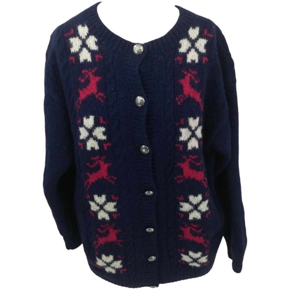 Eddie Bauer Nordic Christmas Winter 100% Wool Cardigan Sweater Size M Blue